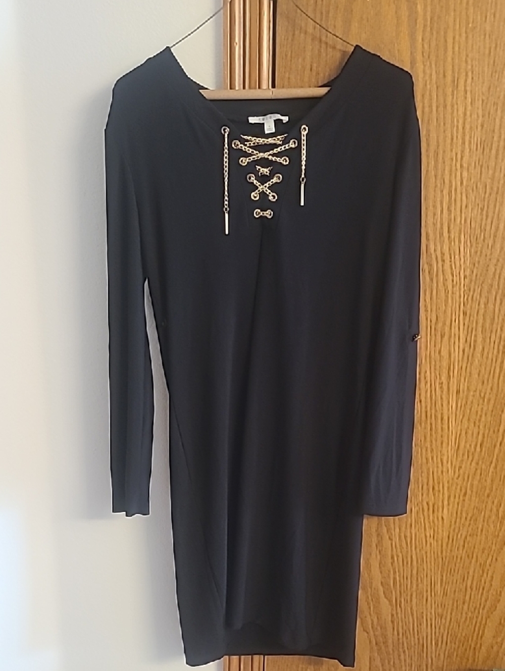 Spense Black Long-Sleeve Lace-Up Dress with Gold Accents